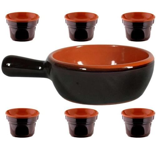 Set Bagna Cauda Casseruola 21cm In Ceramica Ad Un Manico + 6 Fornelli