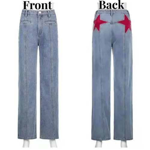 Jean Bleu Étoile À Cinq Branches Pour Femme,Vintage,Taille Moyenne,Abonnés,Pantalon Décontracté,Micro Évasé,Pentagramme,Denim,Streetwear,Y2k