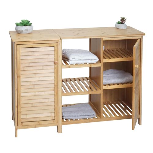 Armoire De Salle De Bain Hwc-B18, Etagère Commode Etagère De Salle De Bain, 2 Portes Bambou 87x99x33cm