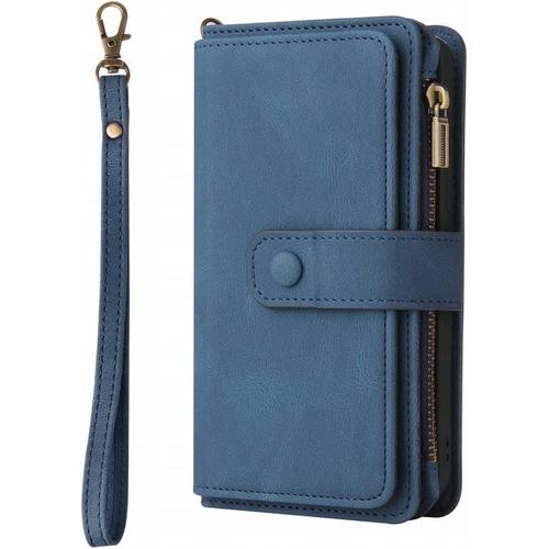 Housse Etui Fermeture Éclair Pour Xiaomi Redmi 10c Coque, [15 Fentes Pour Cartes] Coque Cuir Pour Xiaomi Redmi 10c Housse Portefeuille Protecteur Silicone Souple Étui Pour Redmi 10c, Bleu