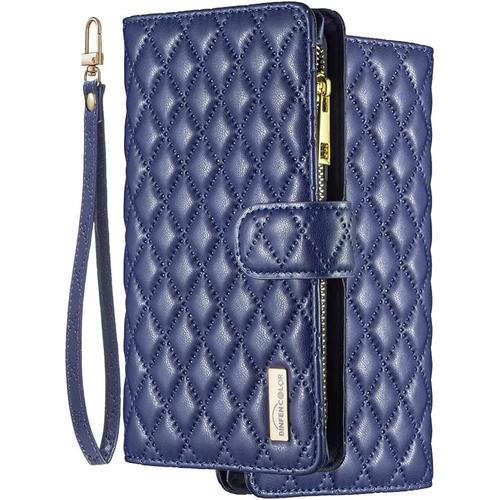 Housse Coque Pour Oppo A15 Etui Cuir De Ceinture Portefeuille À Glissière Avec 9 Fentes Cartes Et Rabat Protecteur Silicone Souple Étuis Housse Pour Oppo A15, Bleu