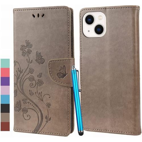 Housse Coque Pour Iphone 14, Etui Housse Pour Iphone 14 Coque En Cuir Portefeuille Pochette Avec Fentes Pour Cartes Protecteur Silicone Souple Cover Pour Iphone 14, Gris