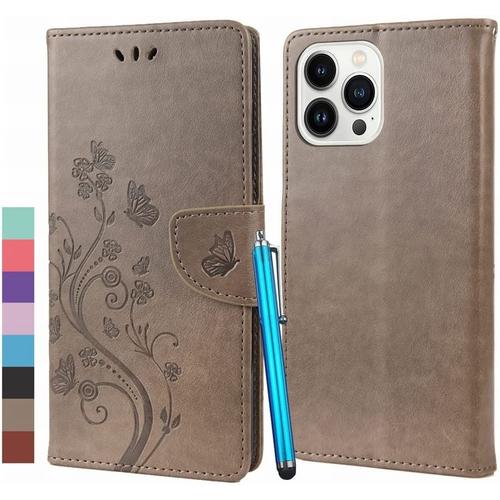 Housse Coque Pour Iphone 14 Pro, Etui Housse Pour Iphone 14 Pro Coque En Cuir Portefeuille Pochette Avec Fentes Pour Cartes Protecteur Silicone Souple Cover Pour Iphone 14 Pro, Gris