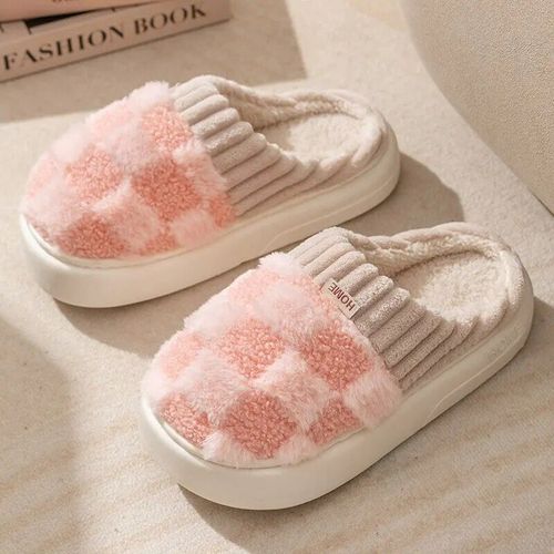Chaussures Pantoufles D'hiver En Coton Carreaux Et Fourrure Pour Femmechaussures De Maisonchaudesantidérapantesdoucesà La Modeen Peluchepour Chambre Coucherpour Couple