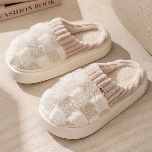 Chaussures Pantoufles D'hiver En Coton Carreaux Et Fourrure Pour Femmechaussures De Maisonchaudesantidérapantesdoucesà La Modeen Peluchepour Chambre Coucherpour Couple