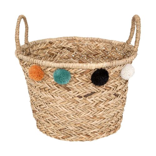 Panier En Roseau Avec Pompons - Diamètre 40 Cm - Beige