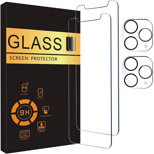 Lot De 2 Films De Protection D'écran Compatibles Avec Iphone 11 Pro [5,8 Pouces] + 2 Packs De Protection D'objectif D'appareil Photo, Film En Verre Trempé, [Dureté 9h] - Hd