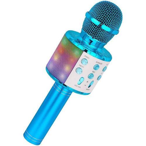 Microphone Sans Fil Karaoké, Microphone Bluetooth 4 en 1 Portable Lecteur Karaoké avec Lumières LED de Danse, pour Fête Chanter Idée Cadeau Enfants Bleu