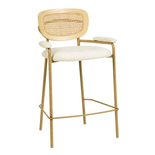 Retro-Chaise De Bar En Tissu Bouclé Ecru, Rotin Et Métal Chêne