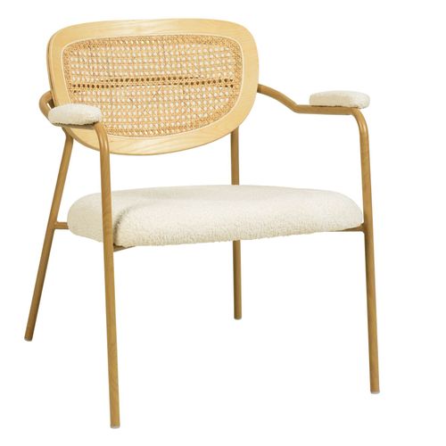 Retro-Fauteuil En Tissu Bouclé Ecru, Rotin Et Métal Décor Chêne