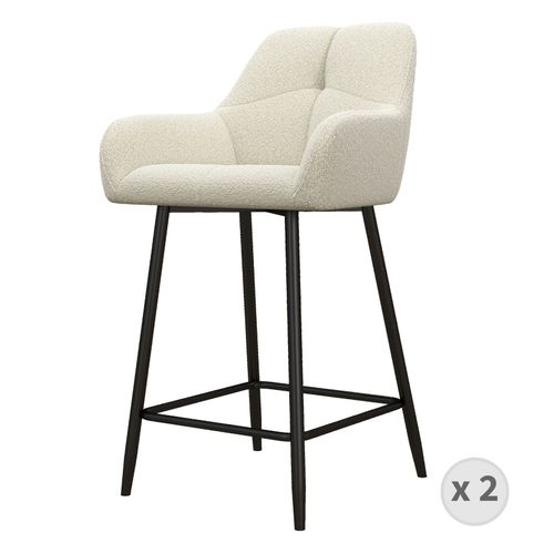 Lea-Tabouret De Bar En Tissu Bouclé Ecru Et Métal Noir (X2)
