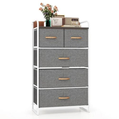 Costway Commode En Tissu Avec 5 Tiroirs Pliables, Cadre En Fer, 58x29x99,5 Cm, Pour Couloir, Chambre À Coucher, Gris