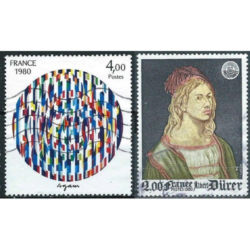 France 1980, Beaux Timbres Yvert 2090, Oeuvre D' Albert Dürer - Autoportrait, Avec Le Logo De Philexfrance 82 Et 2113, Oeuvre De Yaacov Agam - Message De Paix, Oblitérés, Tbe.
