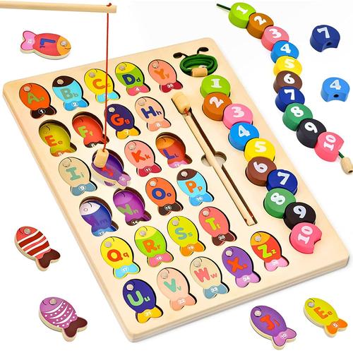 2 In 1 Montessori Jeux En Bois 2 3 4 5 Ans Jeu De Pêche Magnétique Perles En Bois Jeu D'enfilage Avec 26 Lettres & 10 Numéro Puzzles En Bois Motricité Fine Jeux Éducatifs Cadeau Enfant Garçon Fille