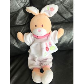 Ajena - Doudou Peluche Lapin Blanc Mauve  Fleurs Rose Feuille Verte H 40 Cm