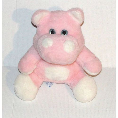 Peluche Hippopotame Nounours Rose Blanc Aux Yeux Bleu - Doudou Hippos 27 Cm