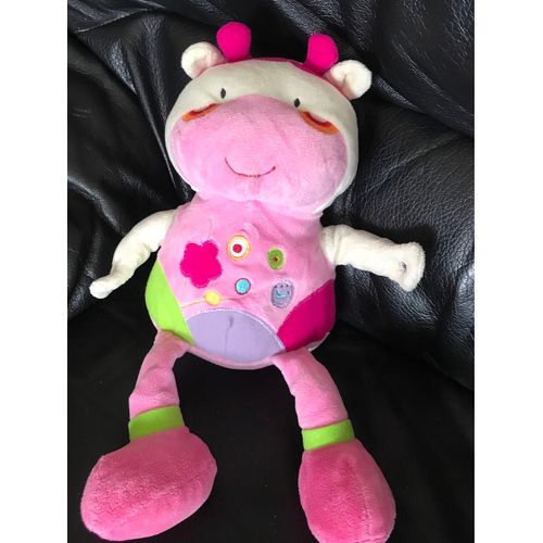 Doudou Vache Rose Blanche Verte Fleur Bawi 30cm