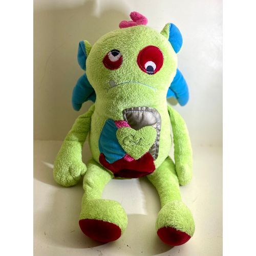 Doudou Peluche Monstre Vert Ailes Bleus Coeur Nounours Printemps