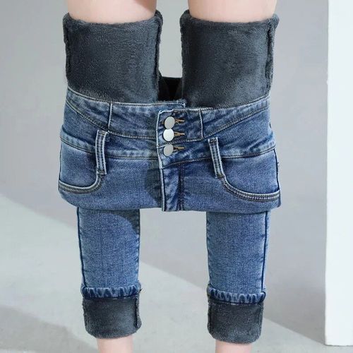 Zoenova-Jean Thermique En Velours Artificiel Astique Pour Femme,Pantalon Crayon Chaud,Slim,Décontracté,Bouton De Commande,Sourire Optique,Y2k,Hiver 2023