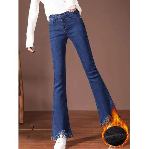 Jean Évasé Slim En Velours Pour Femme,Design À Pompon,Chaud,Surintendant,Taille Moyenne,Peluche,Grande Taille,Coréen,Hiver
