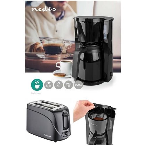Cafetière Machine À Café Electrique Isotherme Noire 1.5l 900w + Grille-Pain Noir 2 Fentes 700w Pas Cher