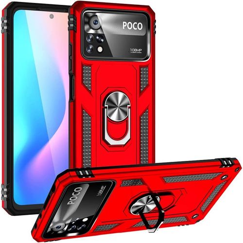 Coque Pour Xiaomi Poco X4 Pro 5g Etui, Pc Militaire + Tpu 2-En-1 Armour Protective Back Housse Avec Bracket, Rouge