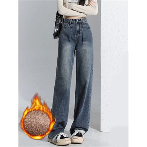 Syiwidii-Jean En Velours Bleu Épais Pour Femme,Vintage,Taille Haute,Décontracté,Droit,Jambes Larges,Nouvelle Mode 2023
