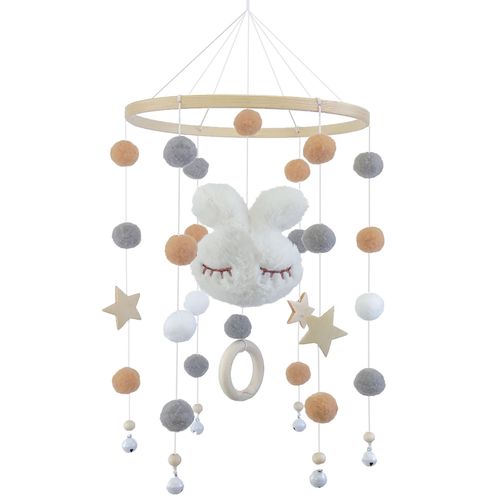 Mobile bébé en bois avec boules de feutre Chambre de bébé Cloche de lit suspendue Lapin Mobile en feutre crocheté Carillon Nouveau-né Garçon Fille Pendentif Lit de bébé Décoration Rabbit