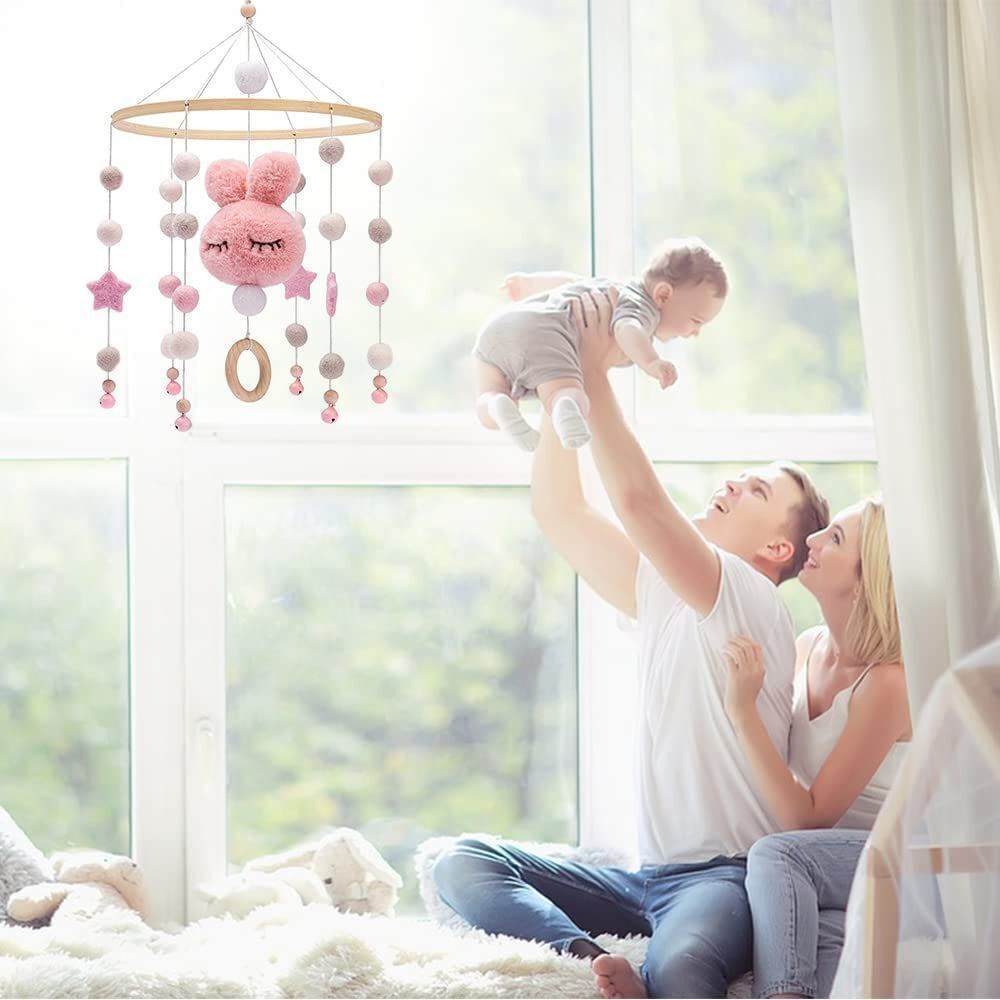 Mobile Bébé En Bois Avec Boules De Feutre, Cloche De Lit Suspendue Lapin Mobile En A 1070090