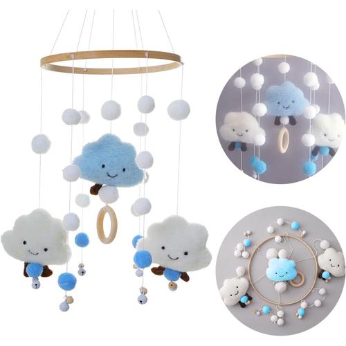 Mobile Bébé Bois avec Boules de Feutre Chambre de Bébé Cloche de Lit Suspendue Cloches Feutre Mobile Carillon Nouveau-né Garçon Fille Pendentif Lit Bébé Table à langer Décor