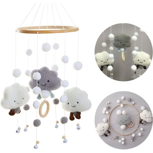 Mobile Bébé Bois avec Boules de Feutre Chambre de Bébé Cloche de Lit Suspendue 3D Cloches Feutre Mobile Carillon Nouveau-né Garçon Fille Pendentif Lit Bébé Table à langer Décor