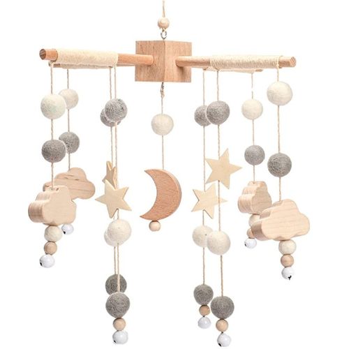 Mobile Bébé Carillons avec boules de feutre Lune Planète Étoiles Mobile Bébé Bois Mobile Bébé Fille Cloche de lit Pendentif à suspendre au-dessus du lit de bébé Star Moon Deco