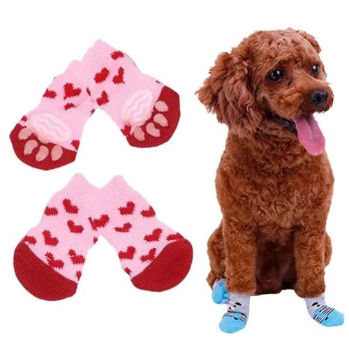 Chaussettes En Tricot Antidérapantes Pour Animaux De Compagnie,Jolies Chaussettes Pour Chiot,Chiens,S-L,4 Pièces - Type Redpink-M