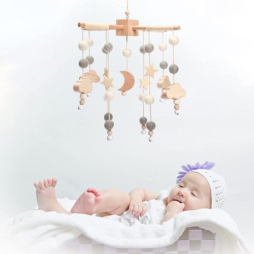 let's make Mobile bébé en bois + pelote de laine, carillon éolien, table à langer, clochette de lit suspendue, étoiles et lune, cadeau pour bébé fille ou garçon (gris moon)