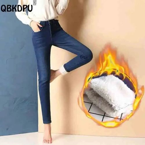 Jeans Crayon Moelleux En Laine D'agneau Pour Femme,Pantalon En Denim Skinny Doublé,Taille Haute,Épais,Super Chaud,Décontracté,Sourire,Hiver