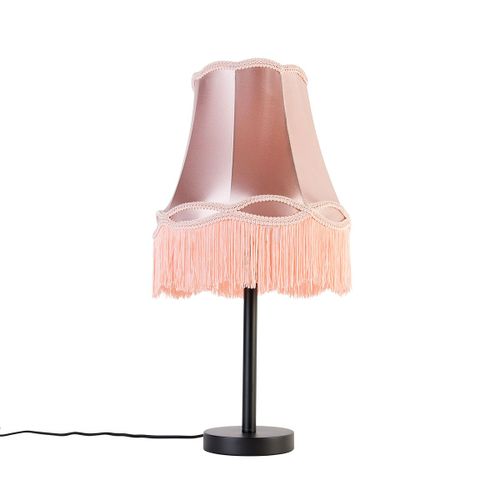 Qazqa Classique/Antique Klassieke Tafellamp Zwart Met Granny Kap Roze 30 Cm - Simplo Tissu /Acier Rose,Noir Rond / Luminaire / Lumiere / Éclairage / Intérieur / Salon E27 Max. 1 X 40 Watt