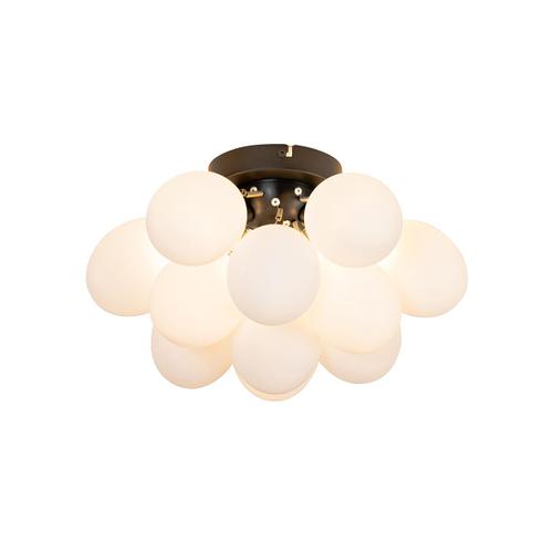 Qazqa Design /Art Deco Art Deco Plafondlamp Zwart Met Opaal Glas 3-Lichts - Uvas Verre /Acier Blanc,Noir Globe / Luminaire / Lumiere / Éclairage / Intérieur / Salon / Cuisine G9 Max. 3 X 28...