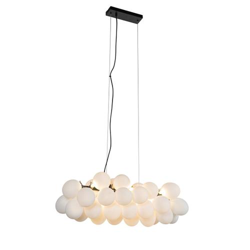 Qazqa Design /Art Deco Hanglamp Zwart Met Opaal Glas 8-Lichts Langwerpig - Uvas Verre /Acier Blanc,Noir Oblongue / Luminaire / Lumiere / Éclairage / Intérieur / Salon / Cuisine G9 Max. 8 X...