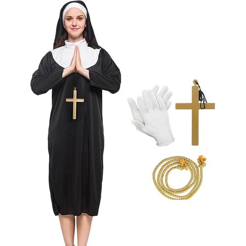 Costume De Nonne 6 Pièces Pour Halloween, Accessoires De Nonne Comprenant Une Coiffe De Nonne