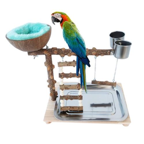 Aire De Jeux Pour Perroquets Avec Plateau, Perchoir En Bois, Support De Gymnastique Avec 2 Gobelets D'Alimentation En Acier Inoxydable, Coquille De Noix De Coco, Cage À Oiseaux, Nid