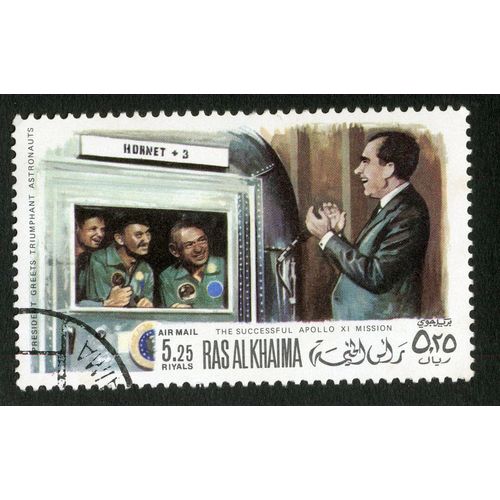 Timbre Oblitéré Ras Alkhaima, The Successful Apollo Xi Mission, President Greets Triumphant Astronauts, Air Mail, 5,25 Riyals