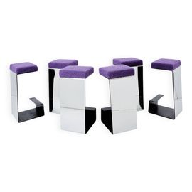 Set De 6 Tabourets De Bar Fer Forg Acier Poli Laine Boucl 1970 Argent