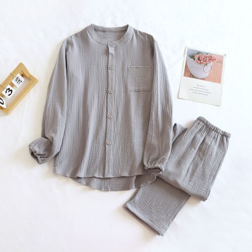 Pyjama En Pansement De Fil De Coton Pour Hommes Et Femmes,Haut À Manches Longues,Olympiques De Surintendant,Col Rond,Vêtements De Maison Monochromes,Simple,2 Pièces