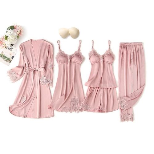 Ensemble De Pyjama Cinq Pièces En Dentelle Pour Femme,Peignoir,Chemise De Nuit,Vêtements De Détente,Vêtements De Nuit,Short Caraco,Surintendant Ser,Lingerie En Satin Trempé,Pyjama