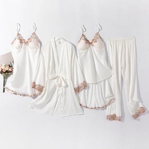 Ensemble De Pyjama Cinq Pièces En Dentelle Pour Femme,Peignoir,Chemise De Nuit,Vêtements De Détente,Vêtements De Nuit,Short Caraco,Surintendant Ser,Lingerie En Satin Trempé,Pyjama