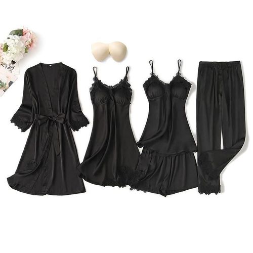 Ensemble De Pyjama Cinq Pièces En Dentelle Pour Femme,Peignoir,Chemise De Nuit,Vêtements De Détente,Vêtements De Nuit,Short Caraco,Surintendant Ser,Lingerie En Satin Trempé,Pyjama