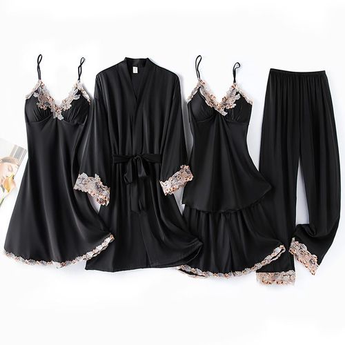 Ensemble De Pyjama Cinq Pièces En Dentelle Pour Femme,Peignoir,Chemise De Nuit,Vêtements De Détente,Vêtements De Nuit,Short Caraco,Surintendant Ser,Lingerie En Satin Trempé,Pyjama