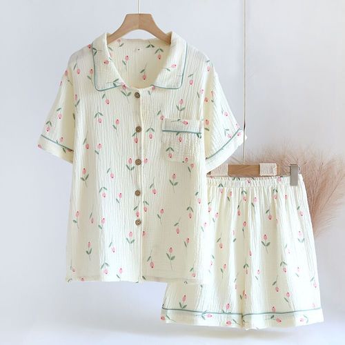 Vêtements De Nuit Mignons D'impression De Tulipe Pour Femmes,Pyjamas D'été Pour Femmes,2023 Coton,Gaze,Ensemble De 2 Pièces,Vêtements De Nuit,Pyjamas,Vêtements De Détente,