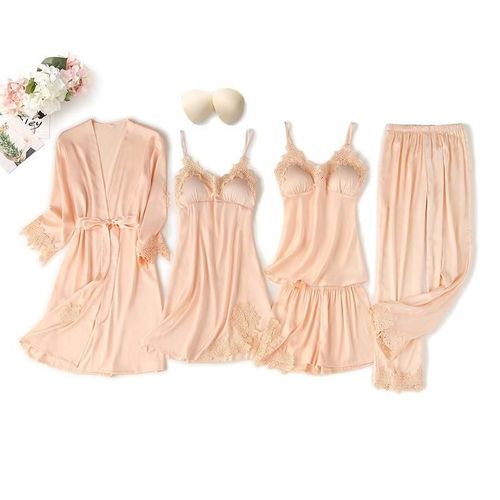 Ensemble De Pyjama Cinq Pièces En Dentelle Pour Femme,Peignoir,Chemise De Nuit,Vêtements De Détente,Vêtements De Nuit,Short Caraco,Surintendant Ser,Lingerie En Satin Trempé,Pyjama