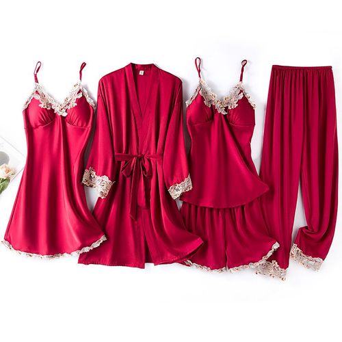 Ensemble De Pyjama Cinq Pièces En Dentelle Pour Femme,Peignoir,Chemise De Nuit,Vêtements De Détente,Vêtements De Nuit,Short Caraco,Surintendant Ser,Lingerie En Satin Trempé,Pyjama